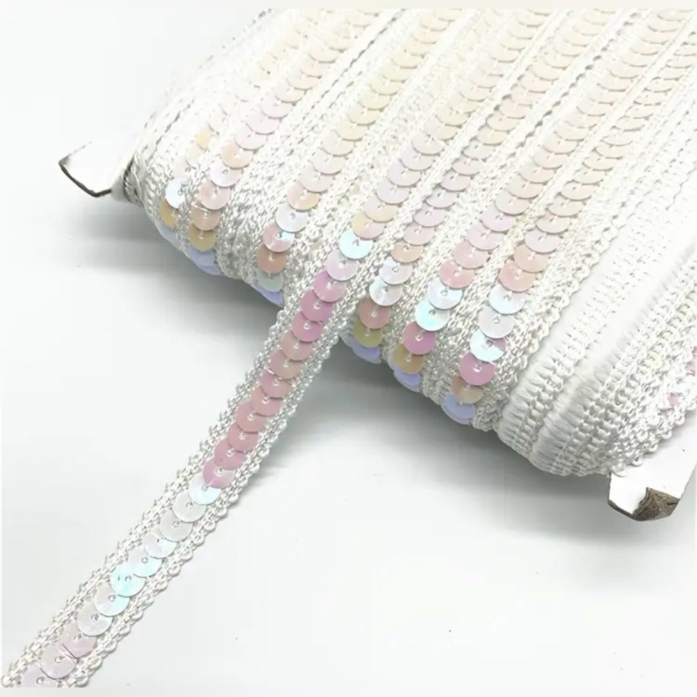 1 Yard White Stretch Sequin Appliquรฉ Trim for Crafts and Clothes, New